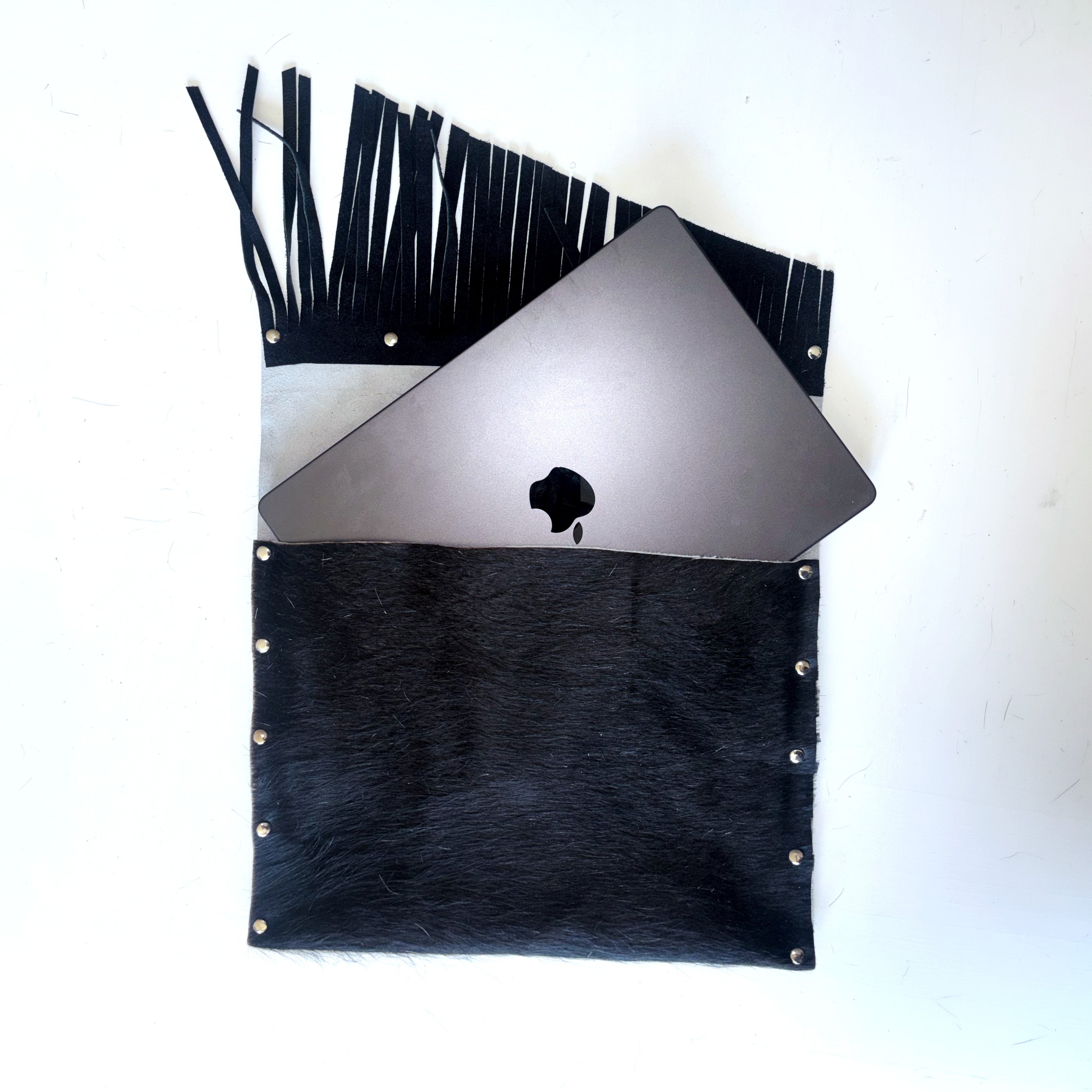 BLACK COW FRINGE LAPTOP SLEEVE / CLUTCH
